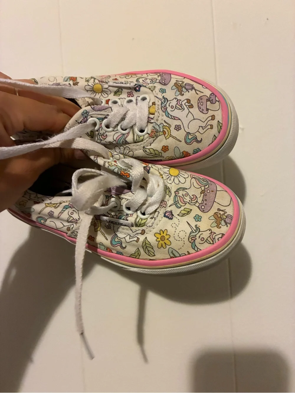 Vans Kids Cream Canvas Sneakers with Pink Trim and Unicorn Print